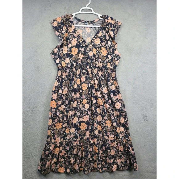 Old Navy Dress Womens XL Blue Tiered Floral Cottagecore Smocked Waist Midi Flowy - Picture 2 of 16